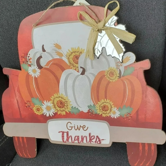 Red Farm Truck Pumpkins Harvest Hanging Wall Door Sign Decor Fall Autumn - Picture 2 of 4